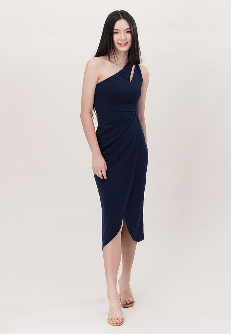 BebeBeige One Shoulder Polyester Slit On Midi Dinner Dress