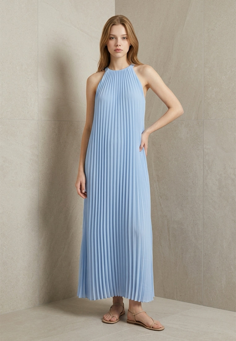 BebeBeige Halter Neck Pleated Maxi Dress