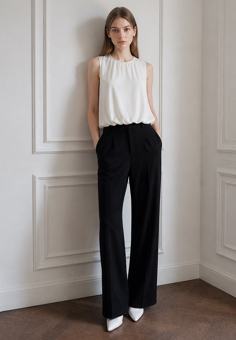 BebeBeige Sleeveless Bubble-Hem Crepe Top with Beaded Pearl Neckline