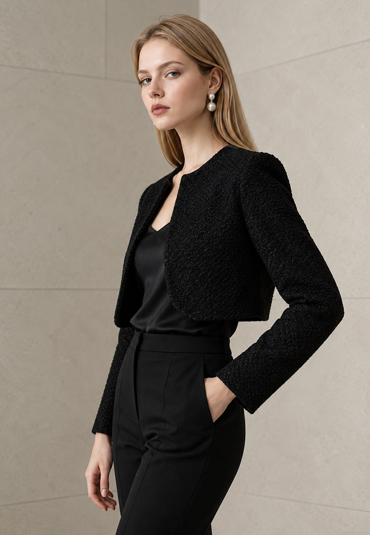 BebeBeige Structured Open-Front Cropped Woven Blazer