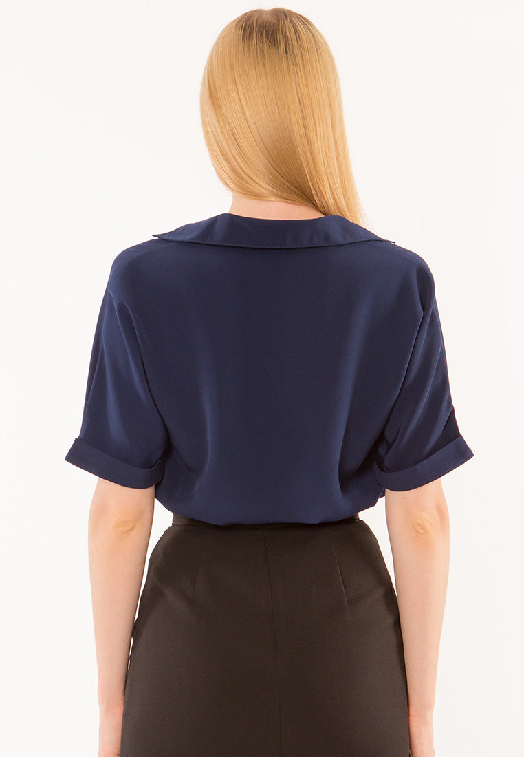 BebeBeige Collar Folded Short Sleeve Blouse Top