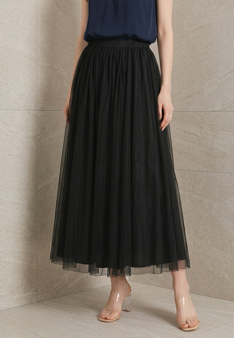 BebeBeige Fluid Pleated Mesh Tulle Midi Skirt