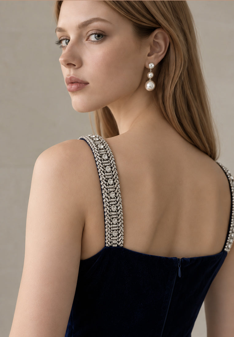 BebeBeige Rhinestone Strap Velvet Maxi Dress