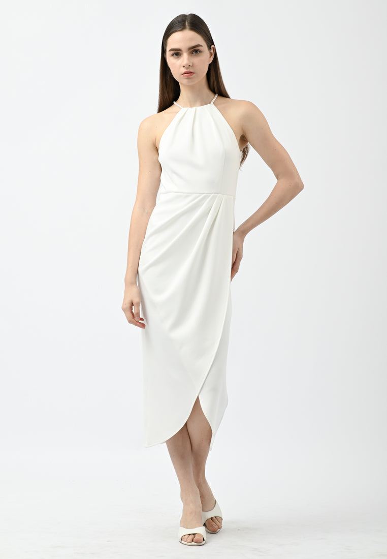 BebeBeige Pearl-Embellished Halter Ruched Tulip Midi Dress