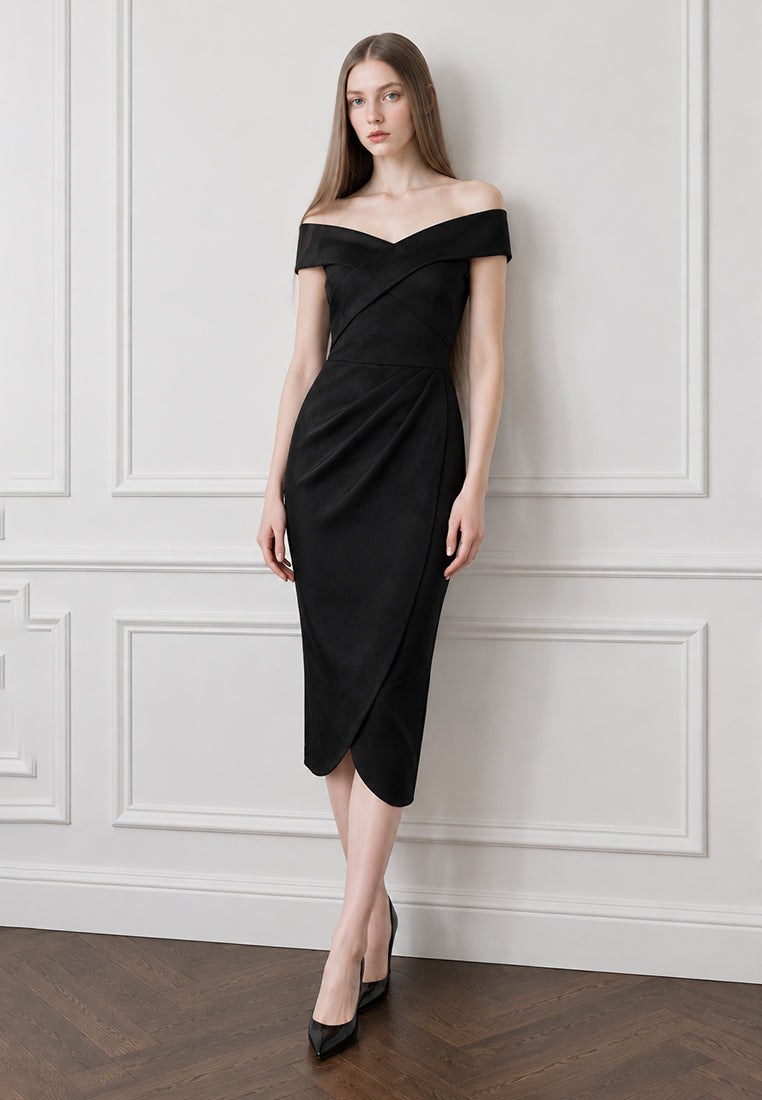 BebeBeige Off Shoulder Ruched Crossover Midi Dress