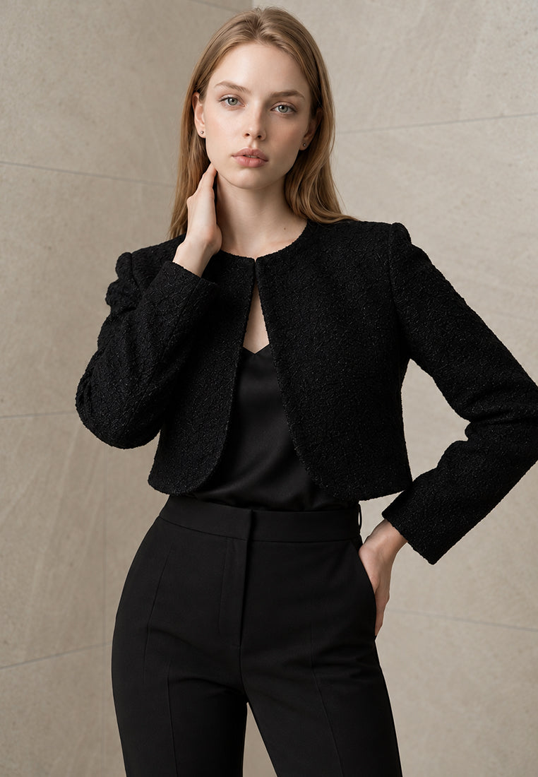 BebeBeige Structured Open-Front Cropped Woven Blazer