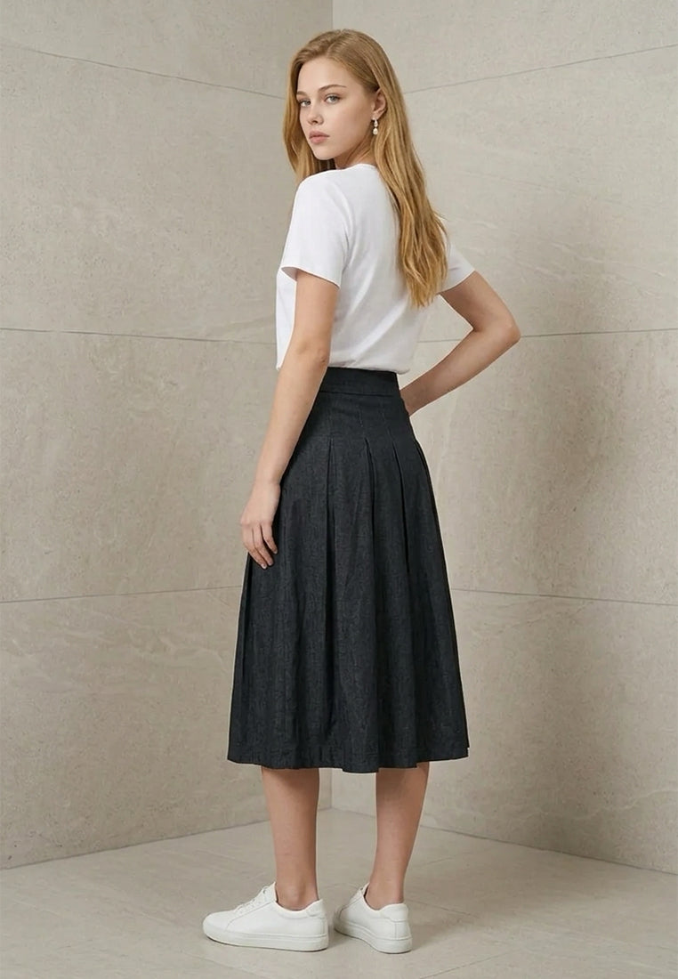 Plain B. A-Line Pleated Denim Midi Skirt