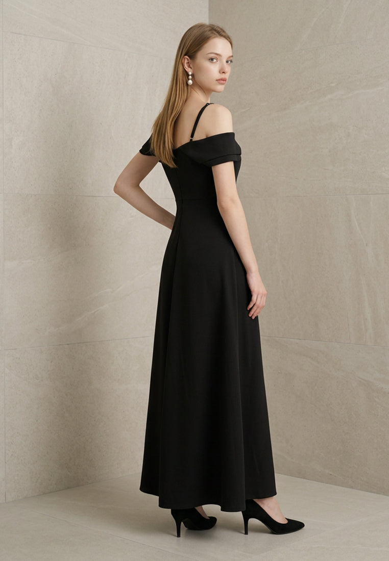 BebeBeige Foldover Cold-Shoulder Maxi Dress with Pleated Mesh Inset