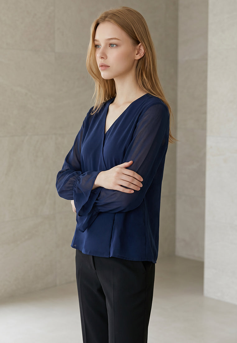 BebeBeige V-Neck Surplice Ruffle Cuff Blouse