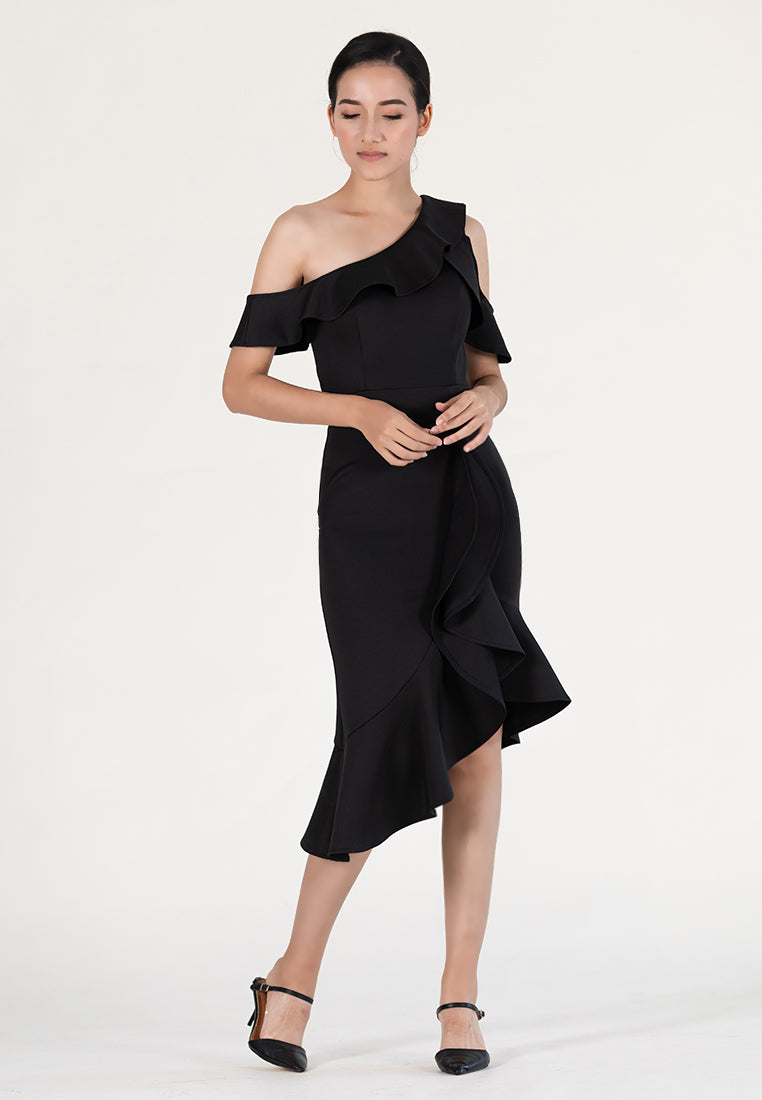 Bebebeige Cold Shoulder Polyester Mermaid Style Midi Dinner Dress