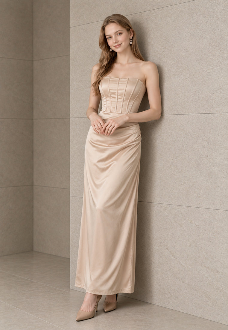 BebeBeige Corset-Detail Strapless Satin Maxi Dress