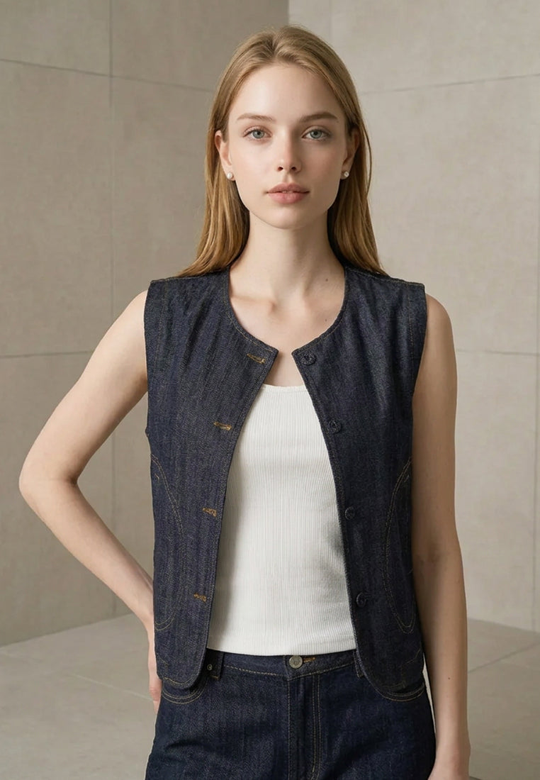 Plain B. Round Neck Denim Vest