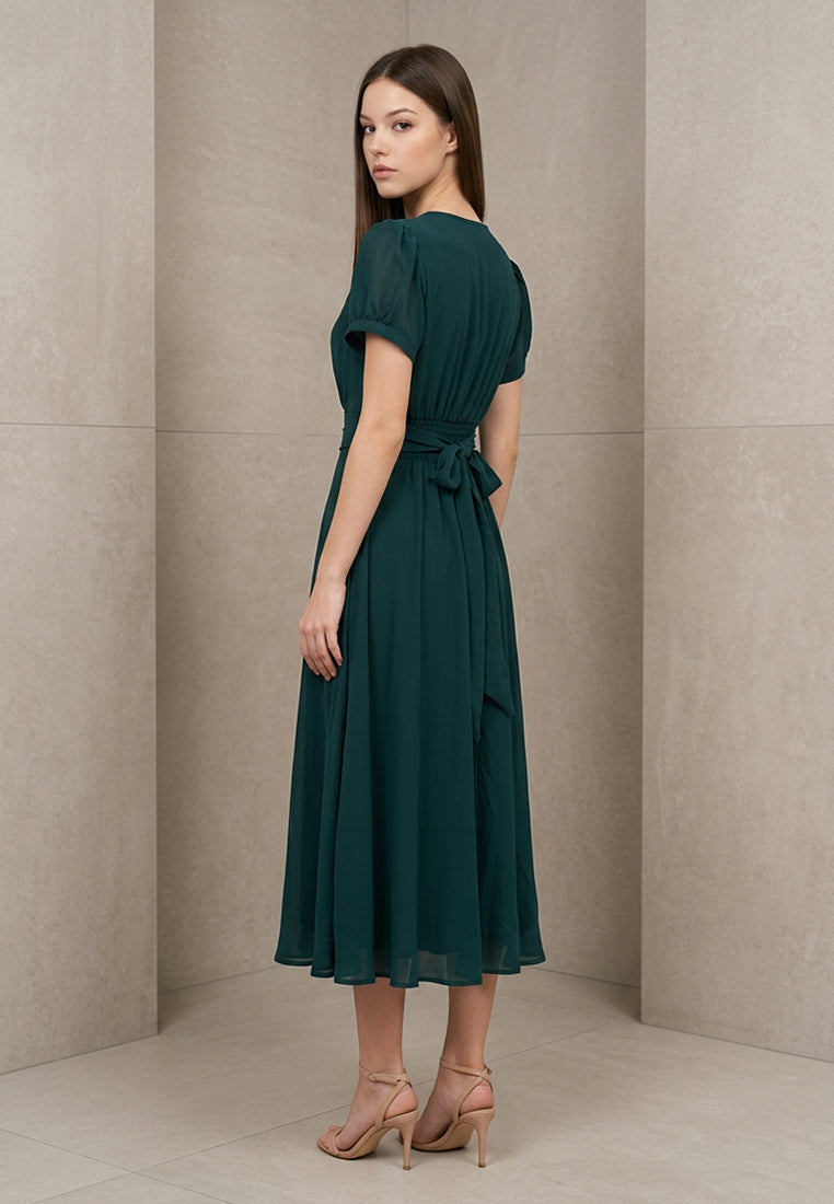 BebeButterfly Chiffon Round-Neck Midi Dinner Dress
