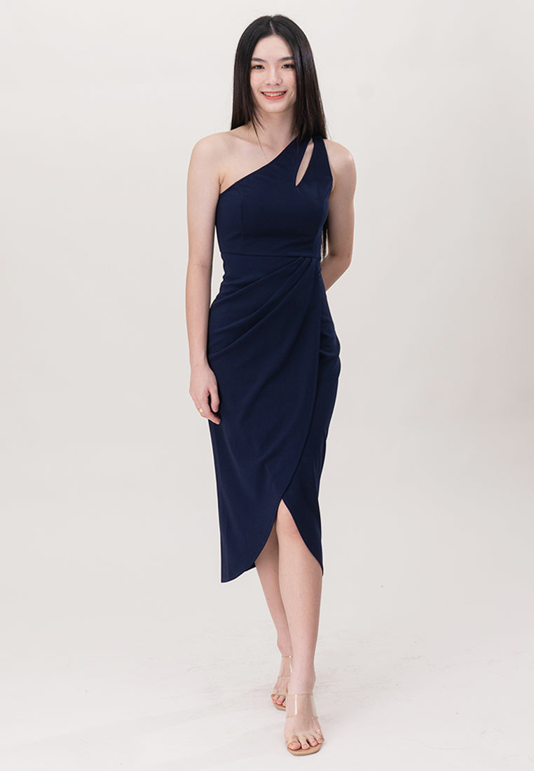 BebeBeige One Shoulder Polyester Slit On Midi Dinner Dress