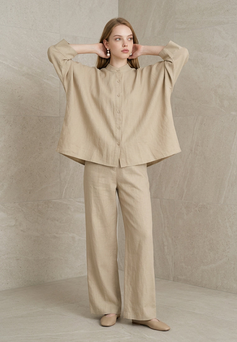 Plain B. Band Collar Long Sleeve Linen Shirt