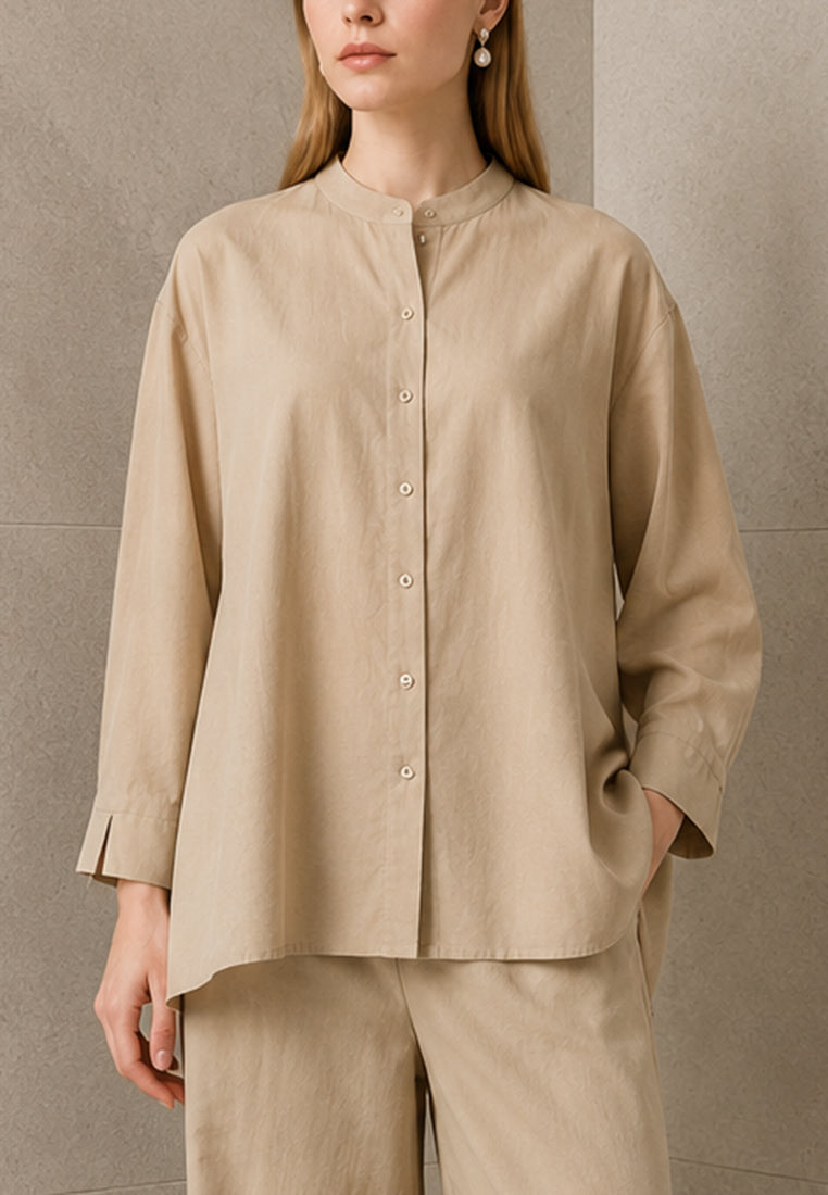 Plain B. Band Collar Long Sleeve Linen Shirt
