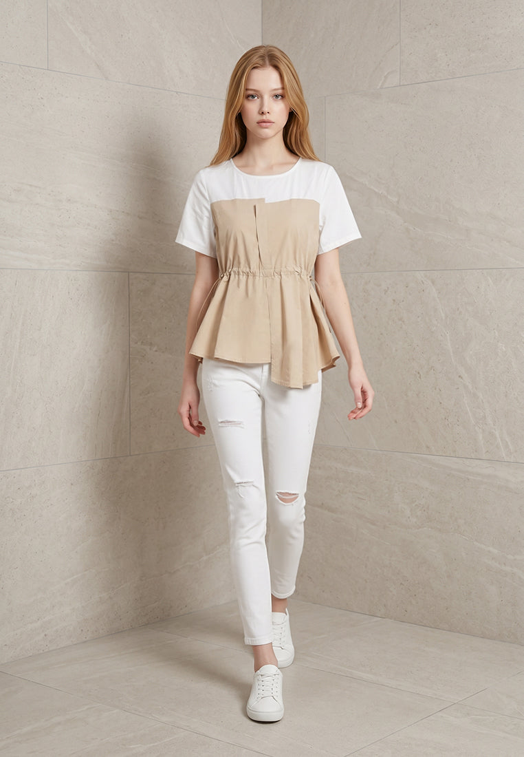 Plain B. Drawstring Colorblock Short Sleeve Top