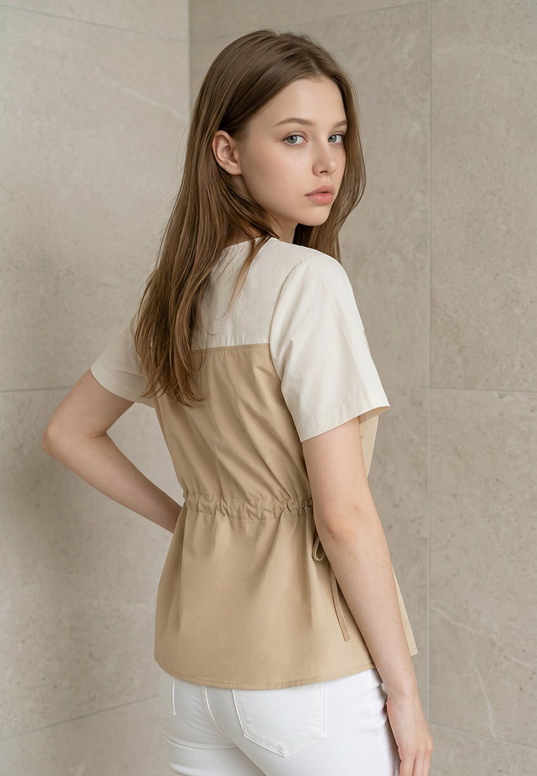 Plain B. Drawstring Colorblock Short Sleeve Top