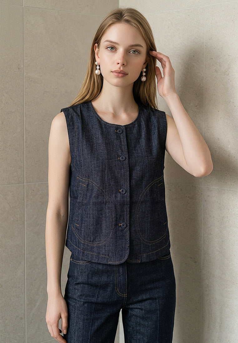 Plain B. Round Neck Denim Vest