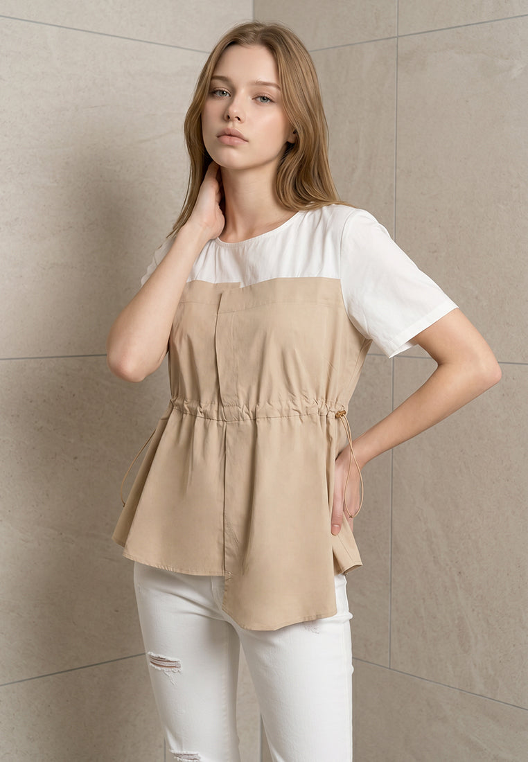 Plain B. Drawstring Colorblock Short Sleeve Top