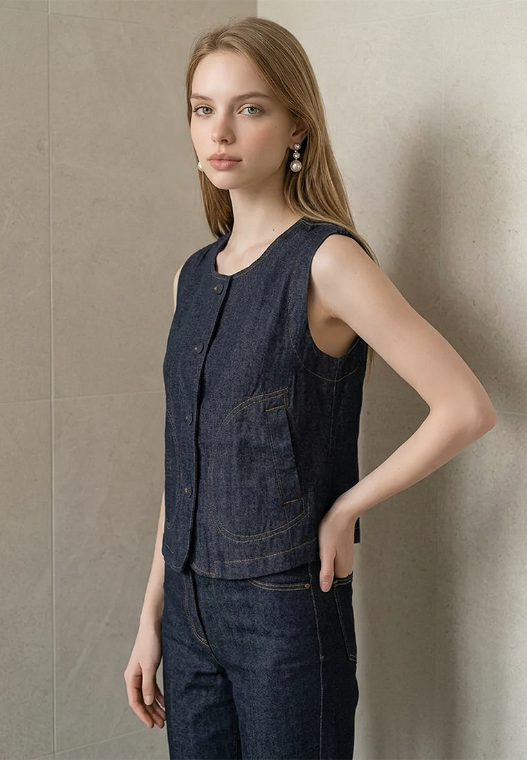 Plain B. Round Neck Denim Vest