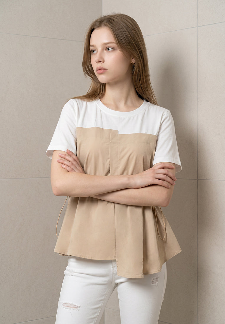 Plain B. Drawstring Colorblock Short Sleeve Top