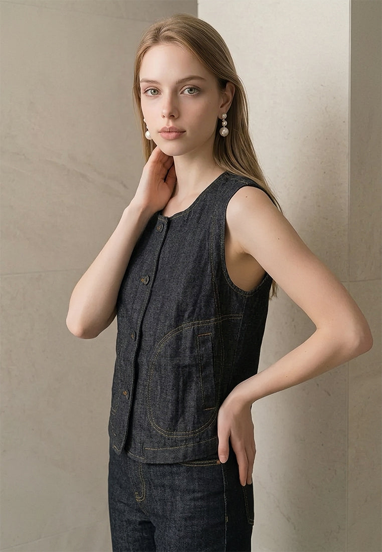 Plain B. Round Neck Denim Vest