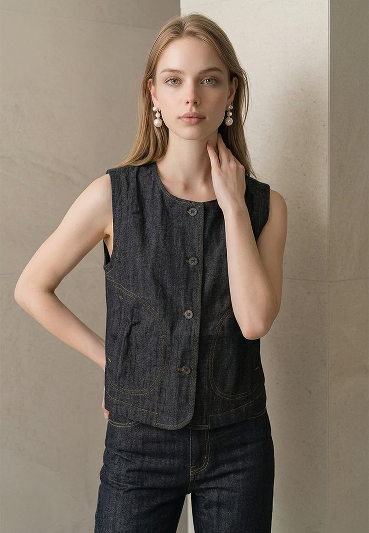Plain B. Round Neck Denim Vest