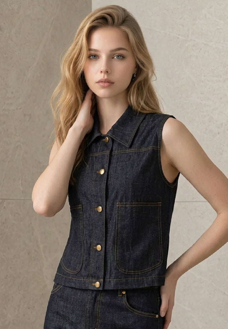 Plain B. Collar Sleeveless Denim Vest