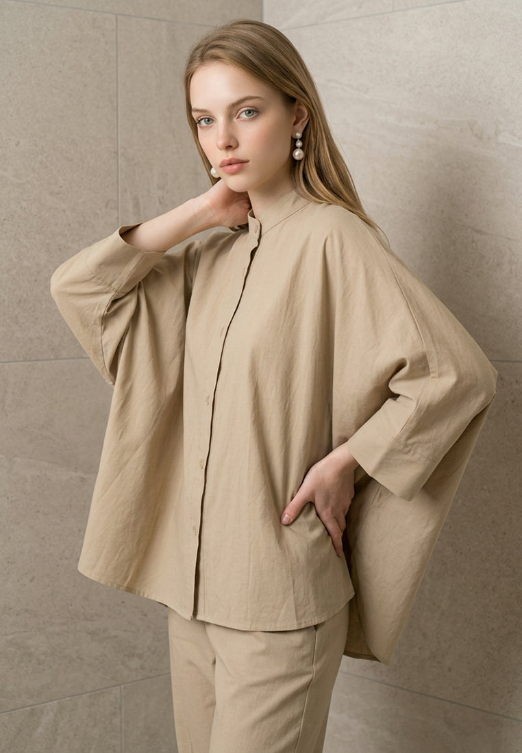 Plain B. Band Collar Long Sleeve Linen Shirt