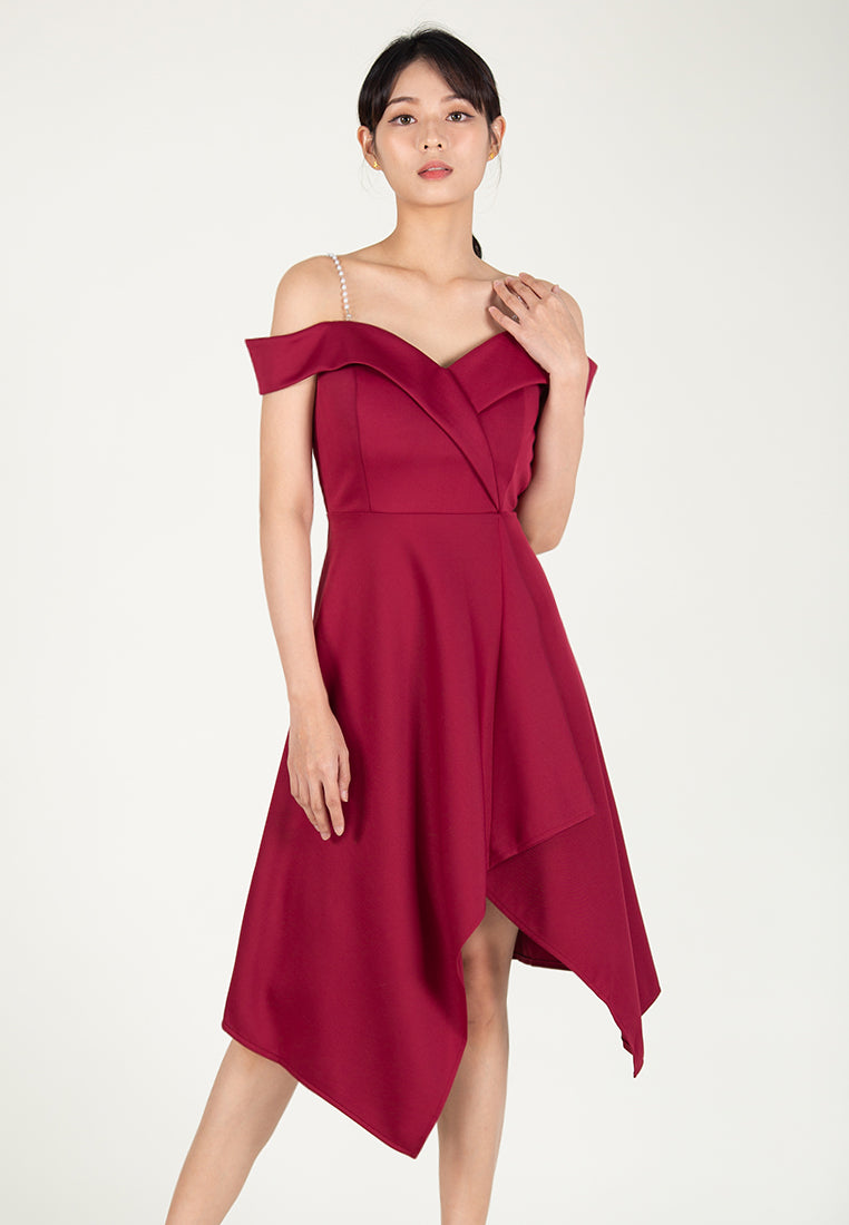 BebeBeige Off Shoulder Polyester Flared Midi Dinner Dress