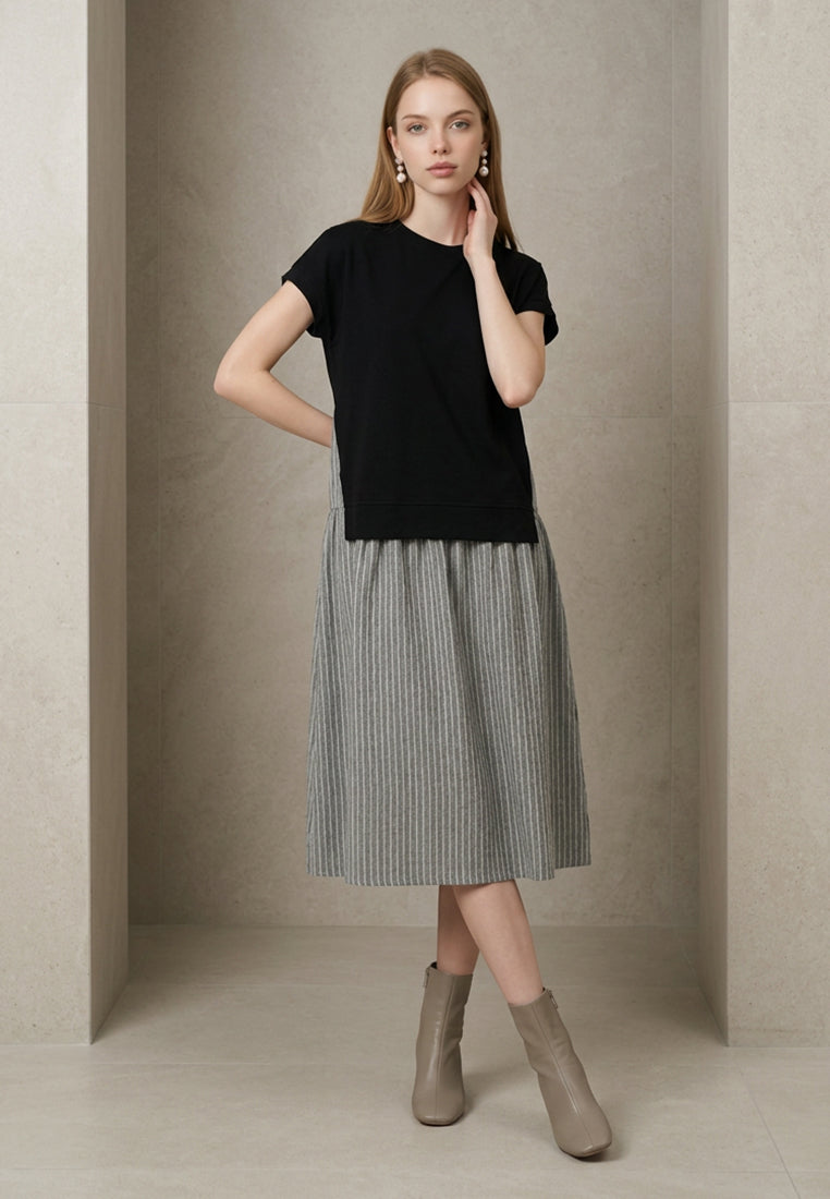 Plain B. Contrast Knit Top Striped Midi Dress