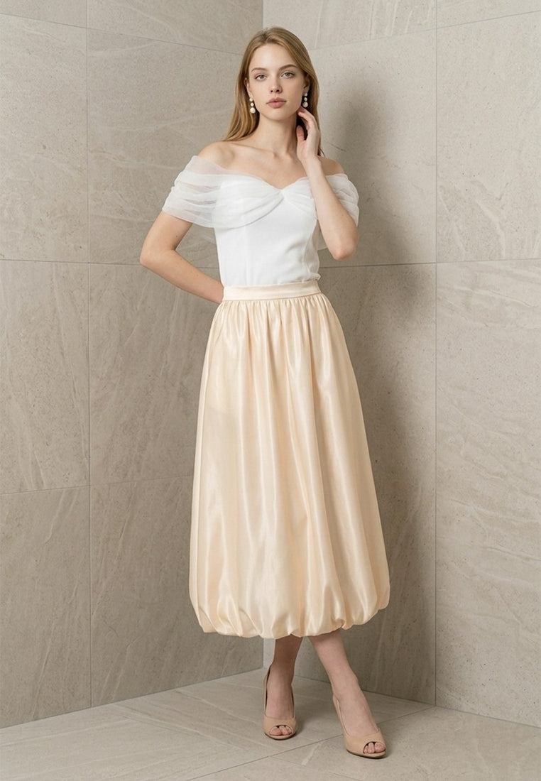 BebeBeige Satin High-Rise Puff Hem A-Line Midi Skirt
