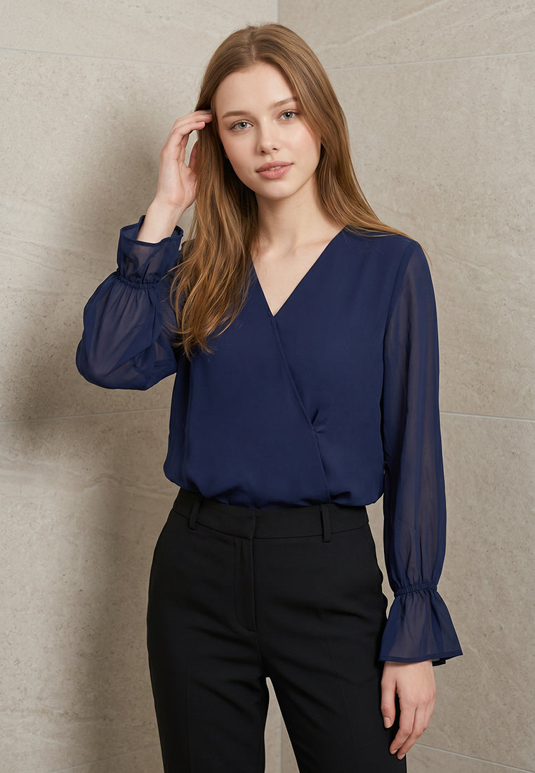 BebeBeige V-Neck Surplice Ruffle Cuff Blouse
