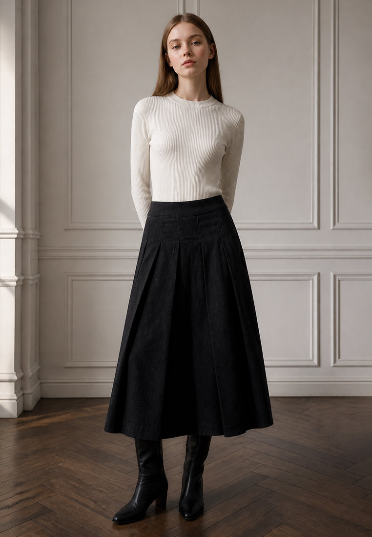 Plain B. A-Line Pleated Denim Midi Skirt