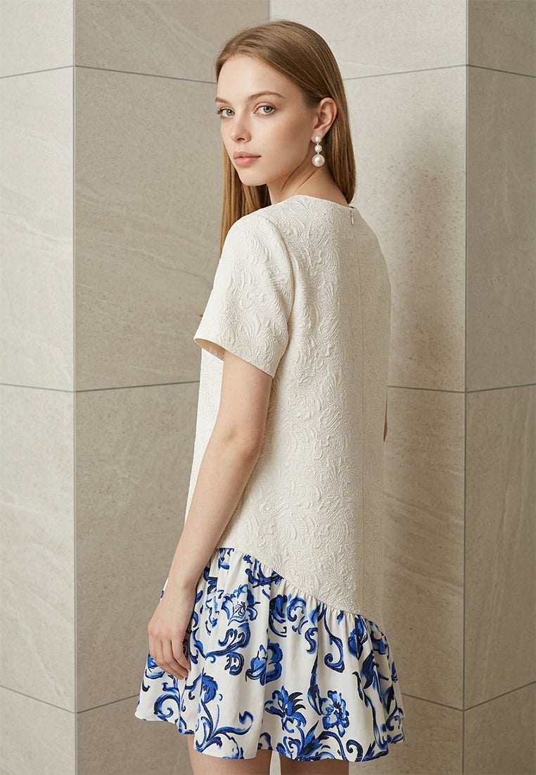 BebeButterfly Floral Porcelain Print Drop-Waist Mini Dress