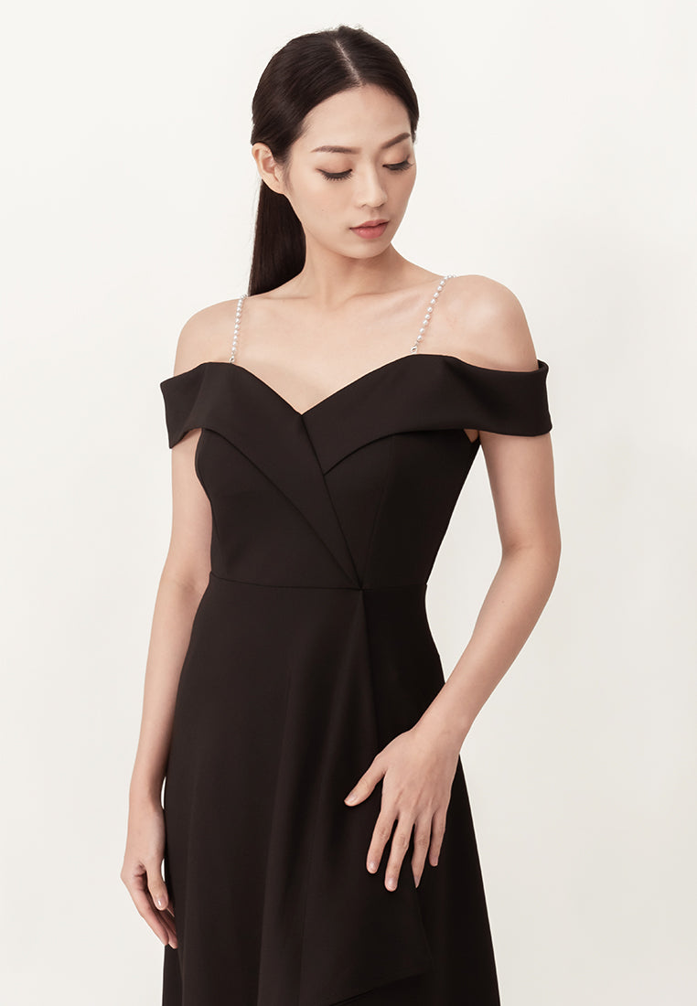 BebeBeige Off Shoulder Polyester Flared Midi Dinner Dress