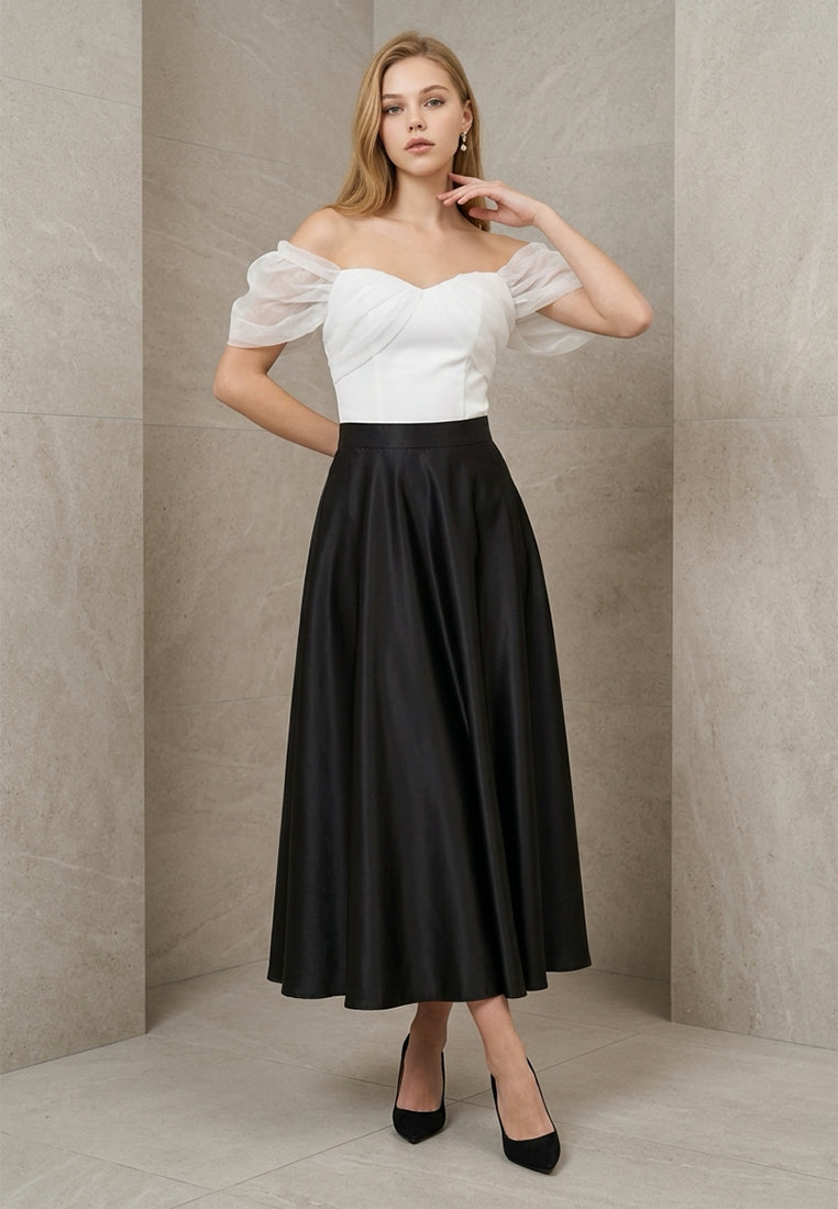 BebeBeige High-Waisted Satin Flared A-Line Midi Skirt