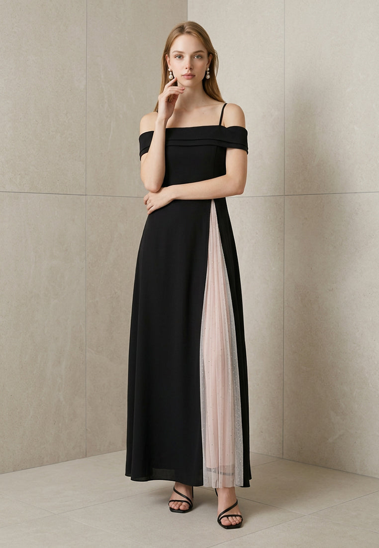 BebeBeige Foldover Cold-Shoulder Maxi Dress with Pleated Mesh Inset