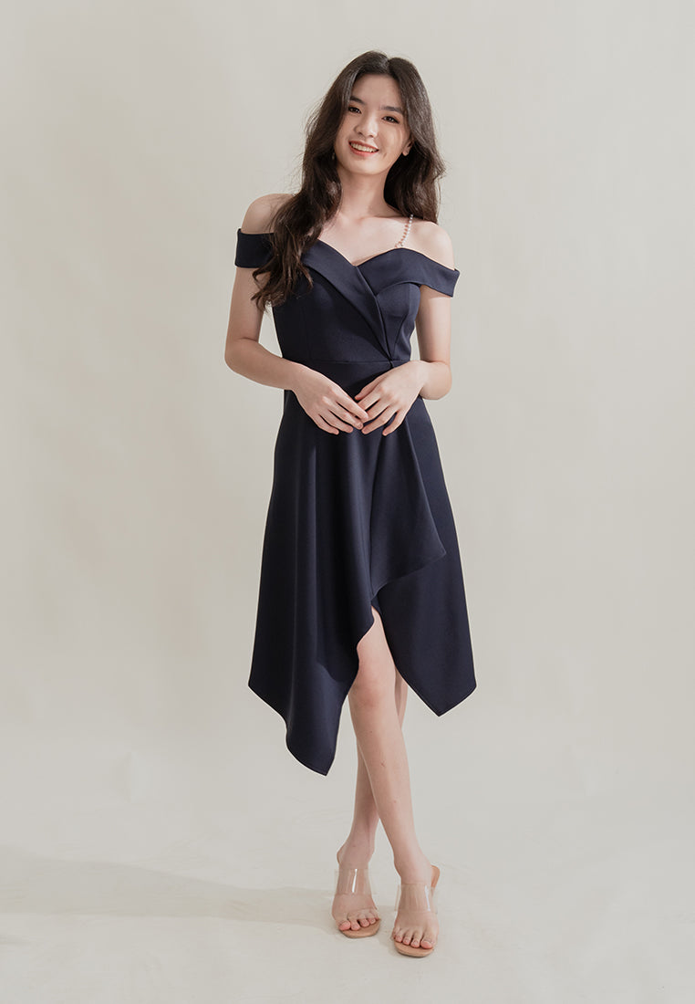 BebeBeige Off Shoulder Polyester Flared Midi Dinner Dress