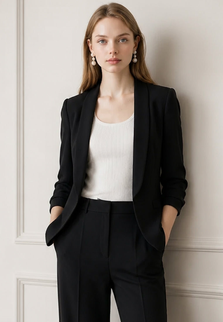BebeBeige Lapel Open-Front Blazer with Ruched Sleeves