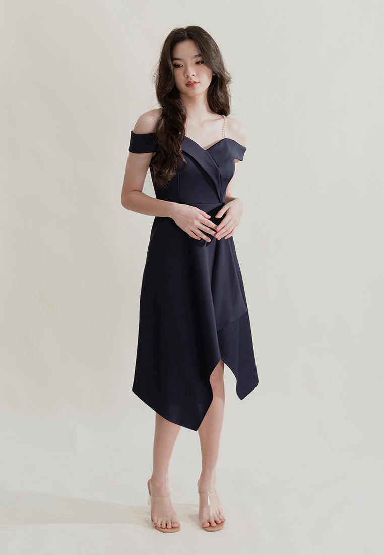 BebeBeige Off Shoulder Polyester Flared Midi Dinner Dress
