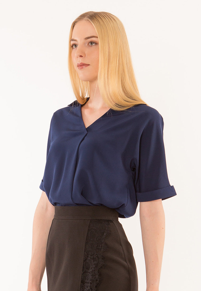 BebeBeige Collar Folded Short Sleeve Blouse Top