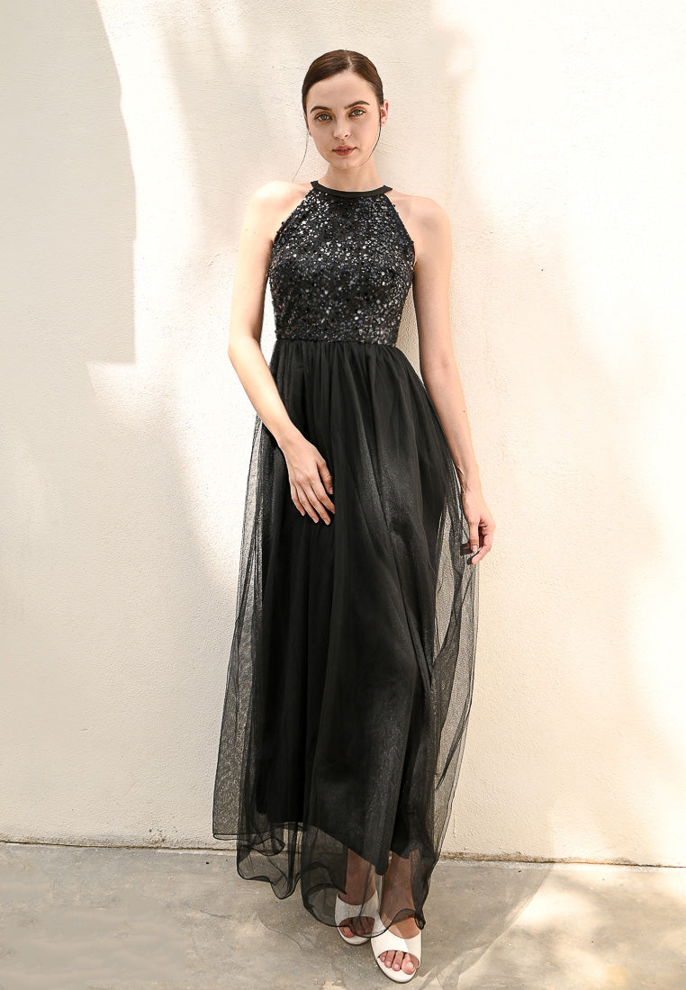 BebeBeige Halter Neck Sequins Mesh Maxi Long Dinner Dress