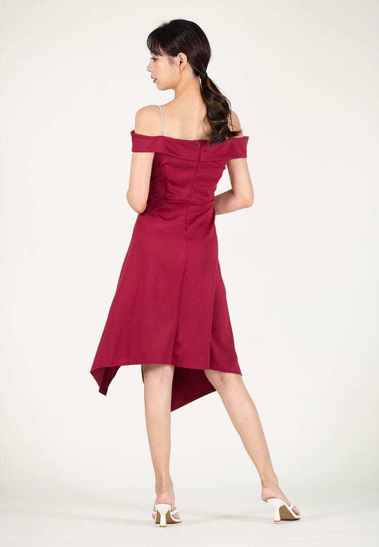 BebeBeige Off Shoulder Polyester Flared Midi Dinner Dress