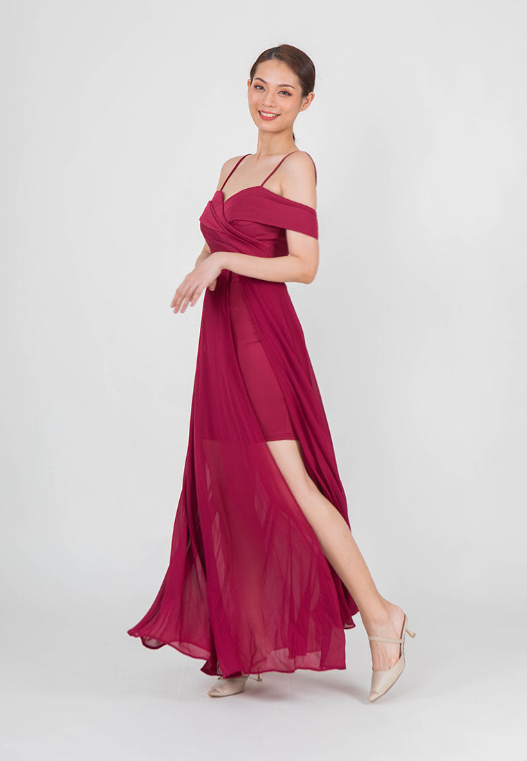 BebeButterfly Chiffon Off Shoulder Maxi Dinner Dress