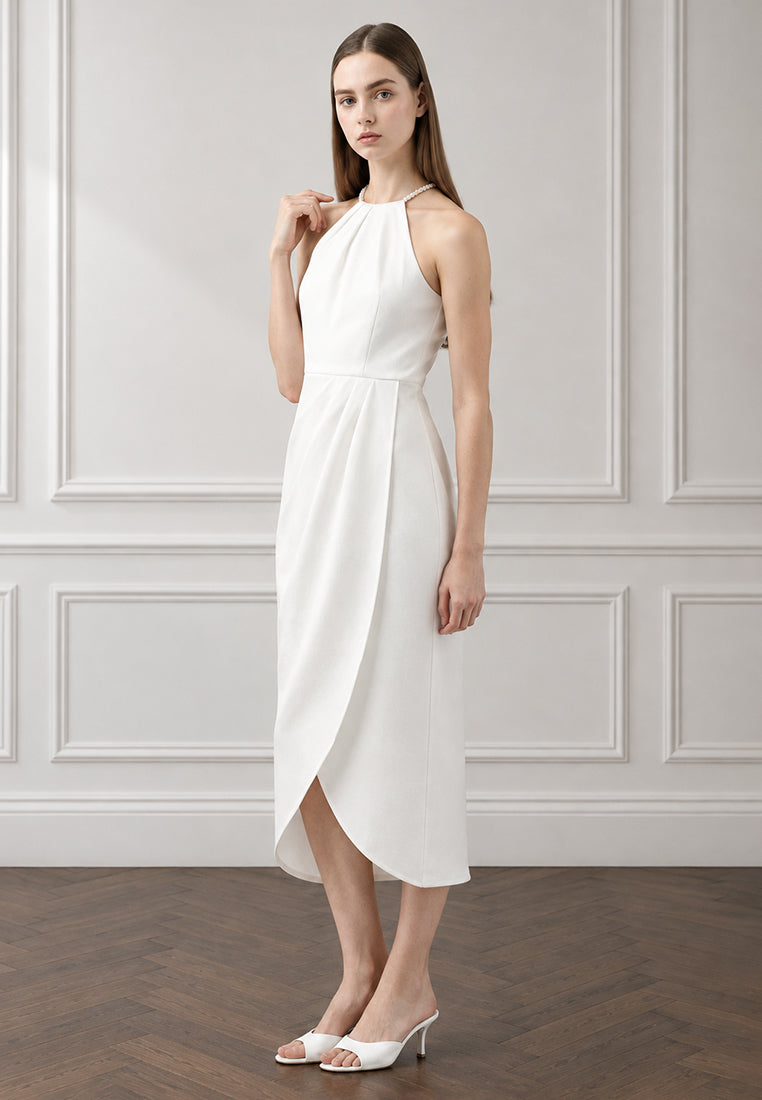 BebeBeige Pearl-Embellished Halter Ruched Tulip Midi Dress