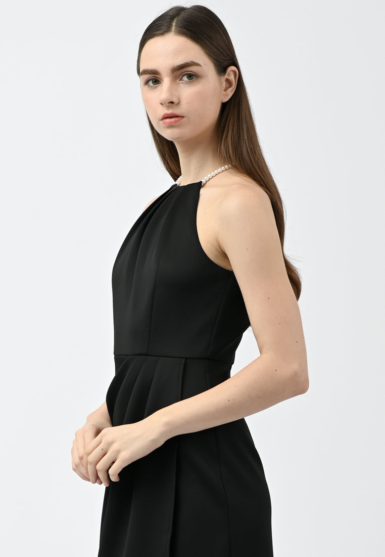 BebeBeige Pearl-Embellished Halter Ruched Tulip Midi Dress