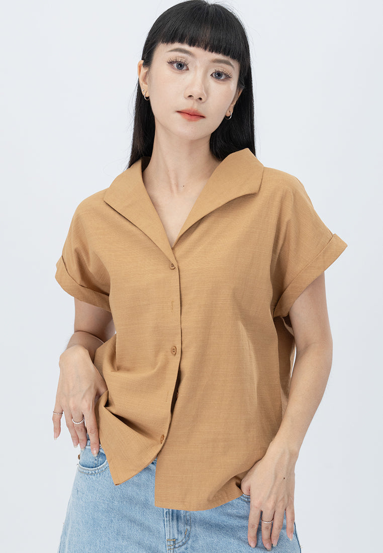 Plain B. Collar Short Sleeve Polyester Button Shirt Top Black