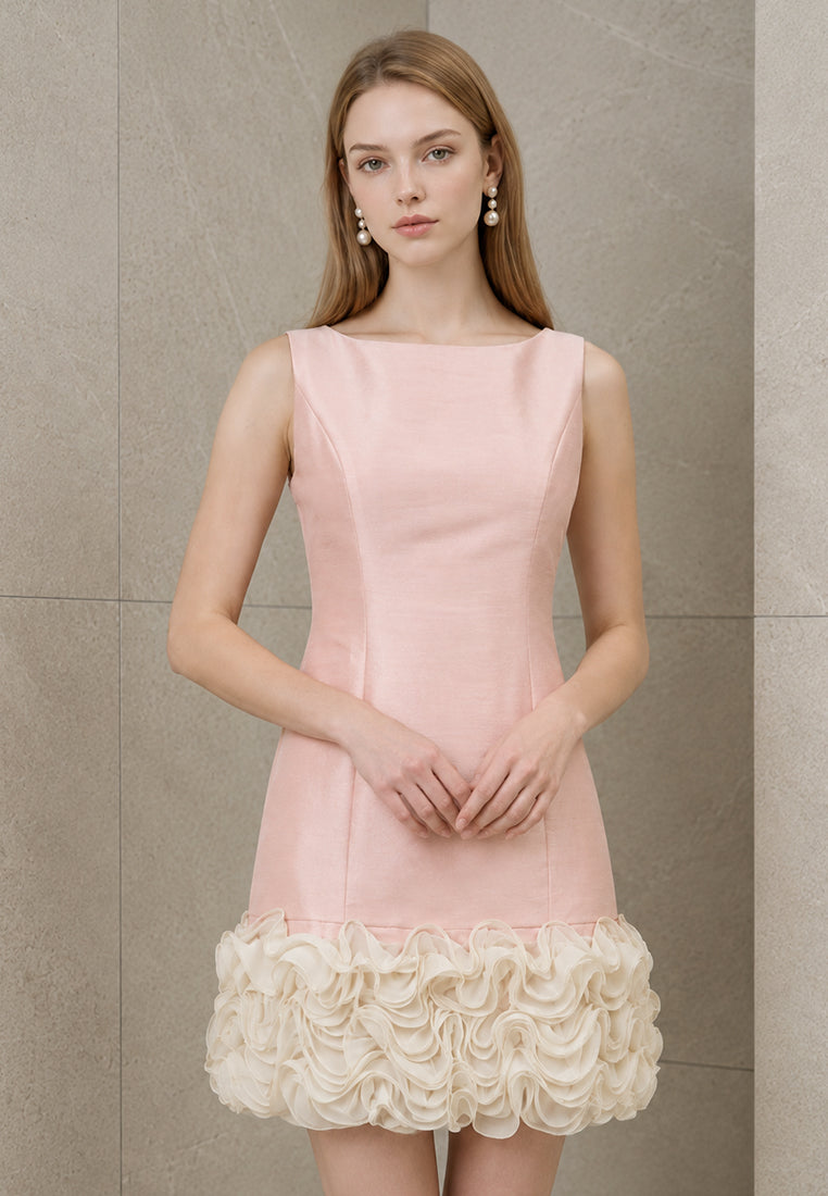 BebeBeige Boat Neck Shift Mini Dress with Textured Ruffle Trim